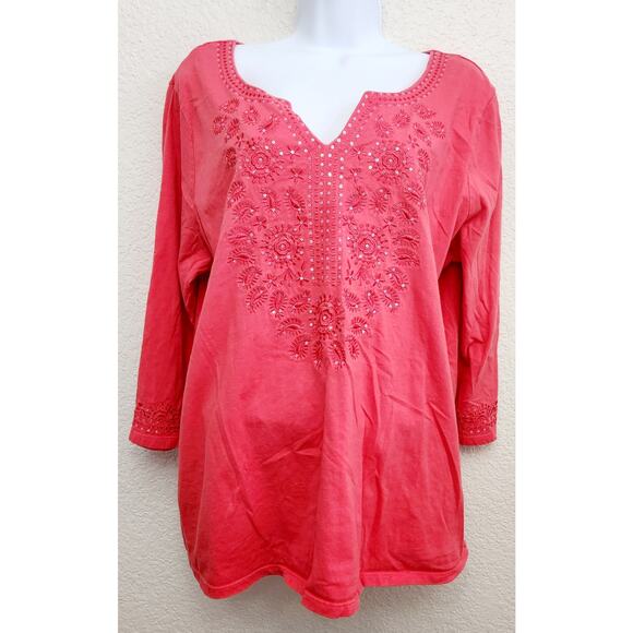 Laura Scott Pink Orange Embroidered Sequin V Neck Top 1X Plus Boho Peasant Soft - Picture 1 of 6